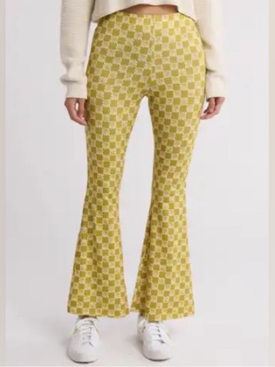 Billabong Pants - Billabong Hang Loose Pants Chartreuse Mustard Yellow Printed Flared Pants Sz M